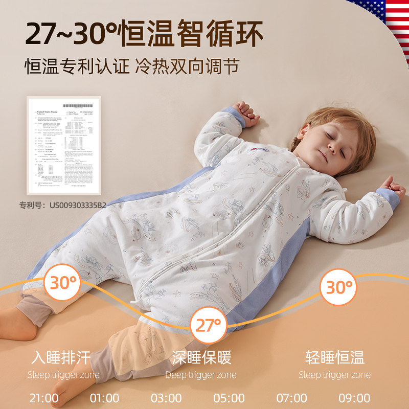 美国Hoag进口澳棉恒温婴儿睡袋秋冬款分腿儿童宝宝睡衣四季通用