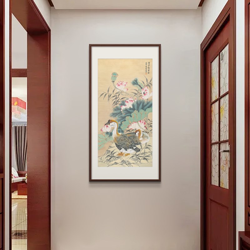 国画仿古宣手绘传统水墨国画荷花玉兰玄关入户门走廊中式竖版挂画