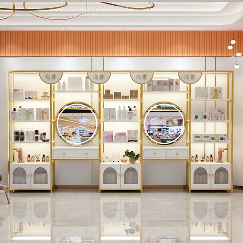 高端化妆品展示柜美容院产品展示柜护肤品柜台货架展示架带灯带镜