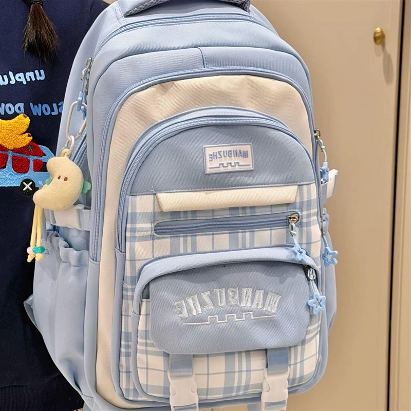 学院风蓝色书包初中女生高颜值学生双肩包高中生大容量旅行揹包女