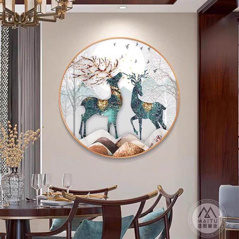 发财鹿招财入户玄关装饰画圆形现代客厅餐厅墙壁画走廊过道挂画