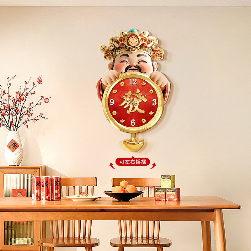 新中式财神爷摇摆钟客厅背景墙挂画餐厅钟表装饰画走廊时钟壁饰画