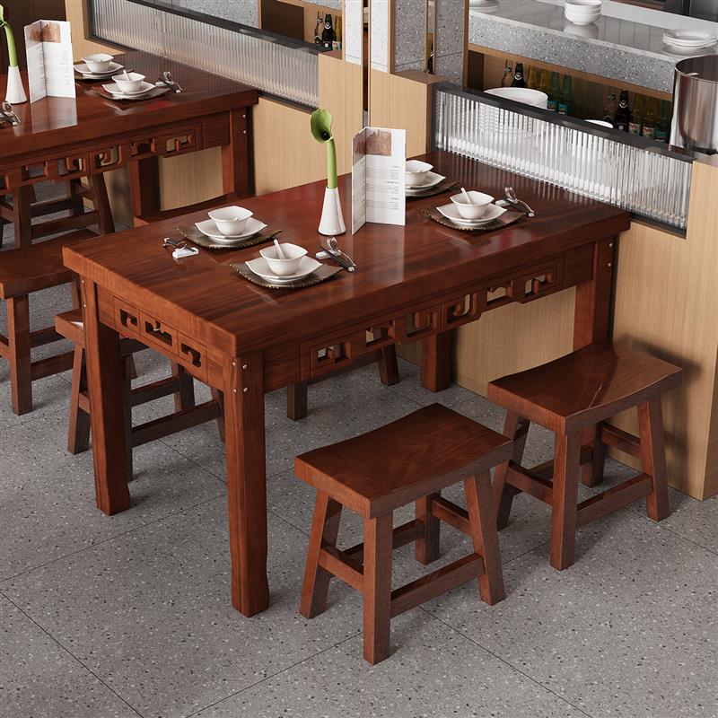 包邮实木岩板碳化桌椅组合快餐饭店小吃店面馆餐桌烧烤店仿古雕花