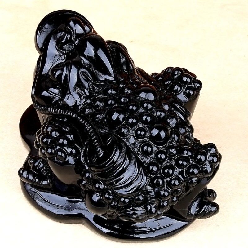 天然黑曜石金蟾摆件八方三足三脚蟾蜍黑色石雕水晶吉祥物玉石摆设
