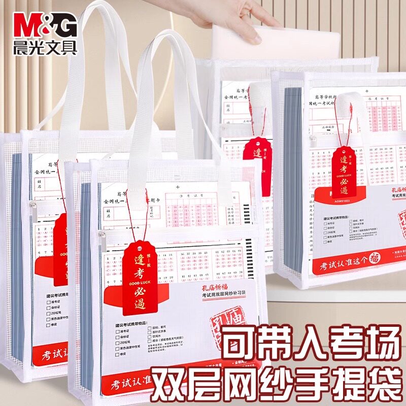 晨光网纱手提袋双层透明学生高考中考考试专用袋子大容量手提式拎书试卷袋补习袋文件收纳袋作业袋文件收纳袋