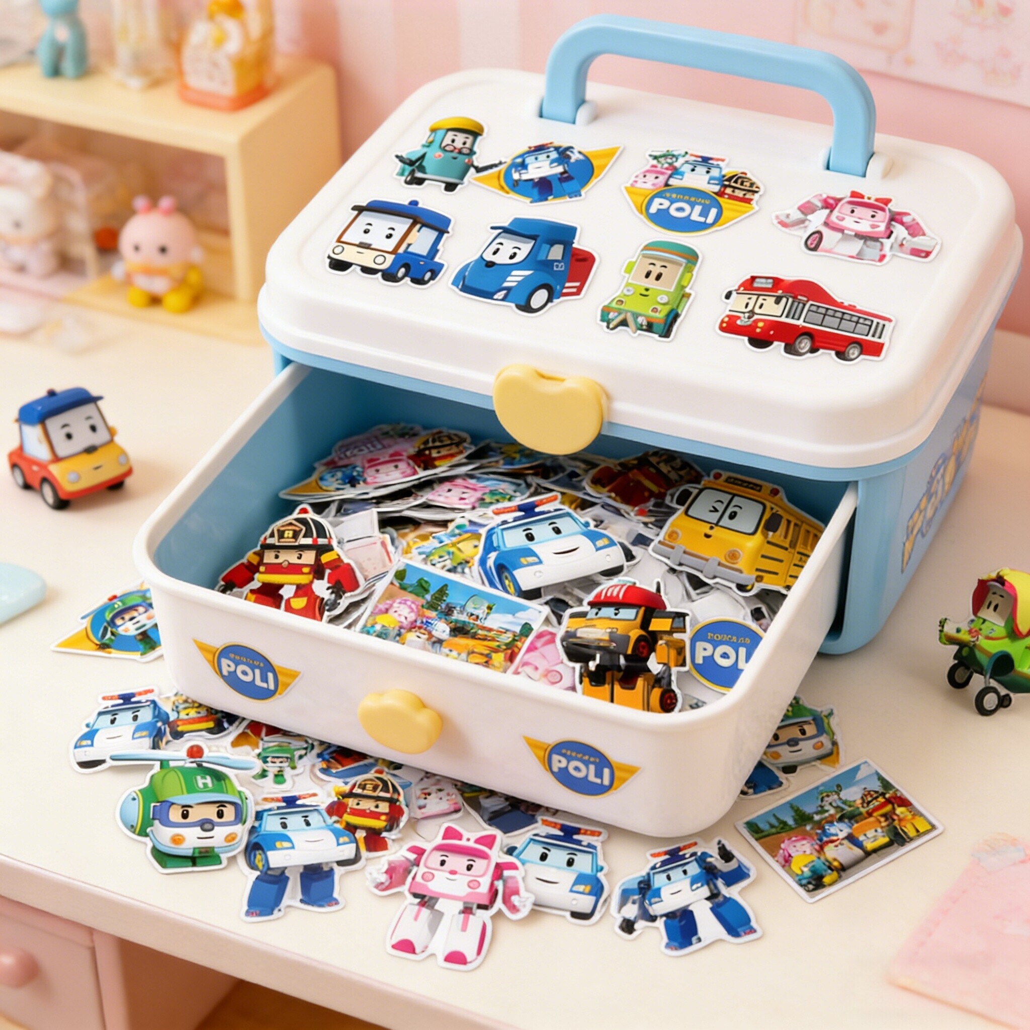 50张儿童变形警车珀利涂鸦贴纸画童动画小汽车创意可爱趣味汽车摩托车手机壳笔记本桌面遮丑DIY防水卡通贴纸