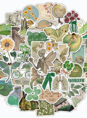 50张绿色ins系贴纸跨境手账本ipad笔记本电脑滑板水杯行李箱文具冰箱洗衣机头盔装饰防水耐高温贴画