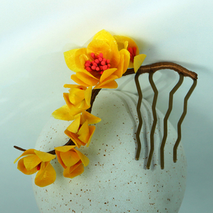 木池秋夏非遗绒花黄色系长寿花发簪手工汉服旗袍中式送礼复古发饰