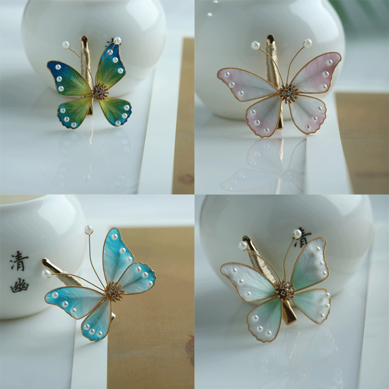 木池秋夏原创设计非遗绒花颤动蝴蝶发夹汉服旗袍古风发饰女头饰