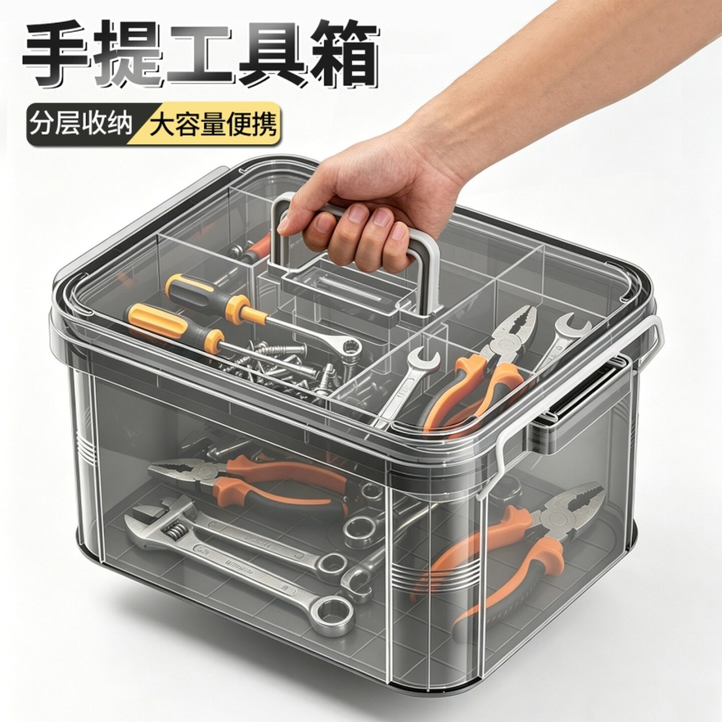 工具箱家用透明收纳盒多功能零件杂物五金整理盒双层手提收纳箱子