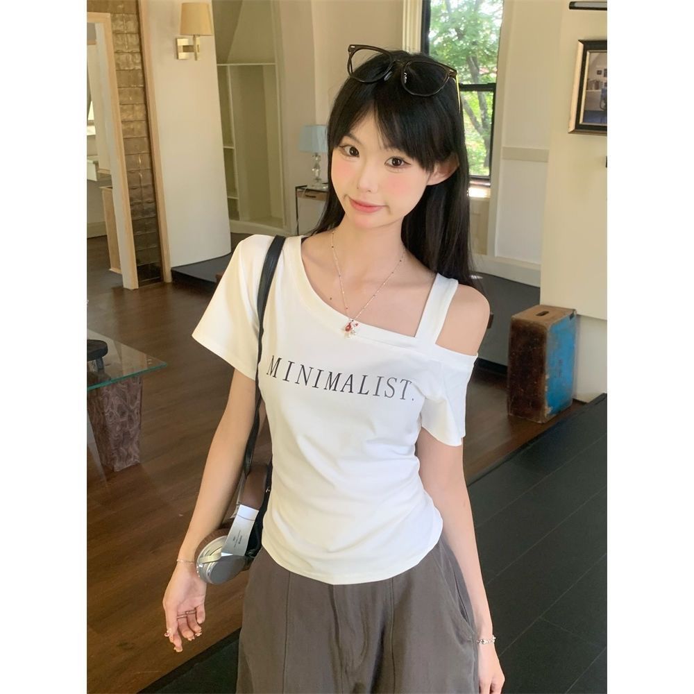 吊带斜肩露肩T恤新款夏季
