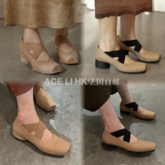 香港直邮Uma Wang芭蕾舞鞋女复古做旧牛皮方头交叉绑带玛丽珍单鞋