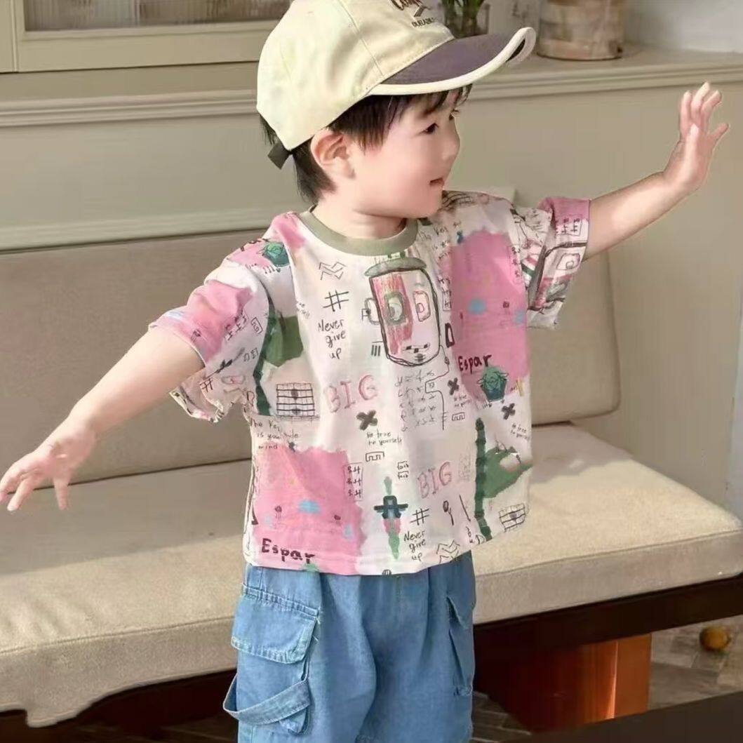 儿童男女中小童2026夏季新韩版扎染满印圆领短袖T恤上衣