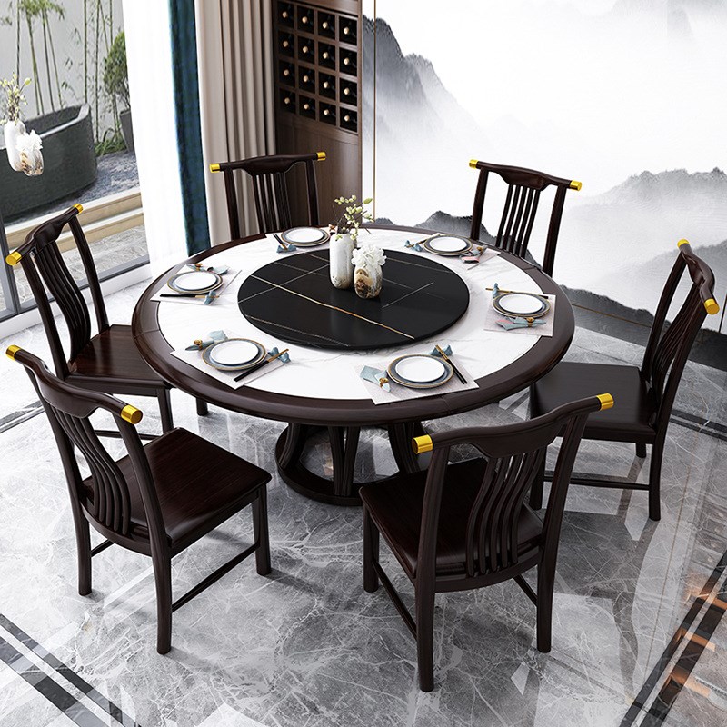 新中式全实木岩板圆形餐桌椅组合家用8/10人带转盘酒店餐厅吃饭桌