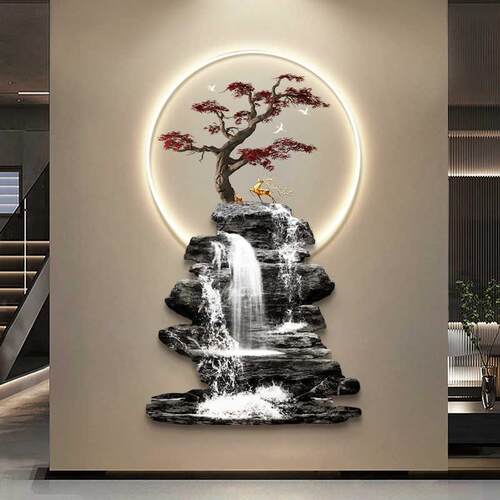 流水生财入户楼玄关装饰画迎壁客松招HS-10100财灯画新梯中式走廊