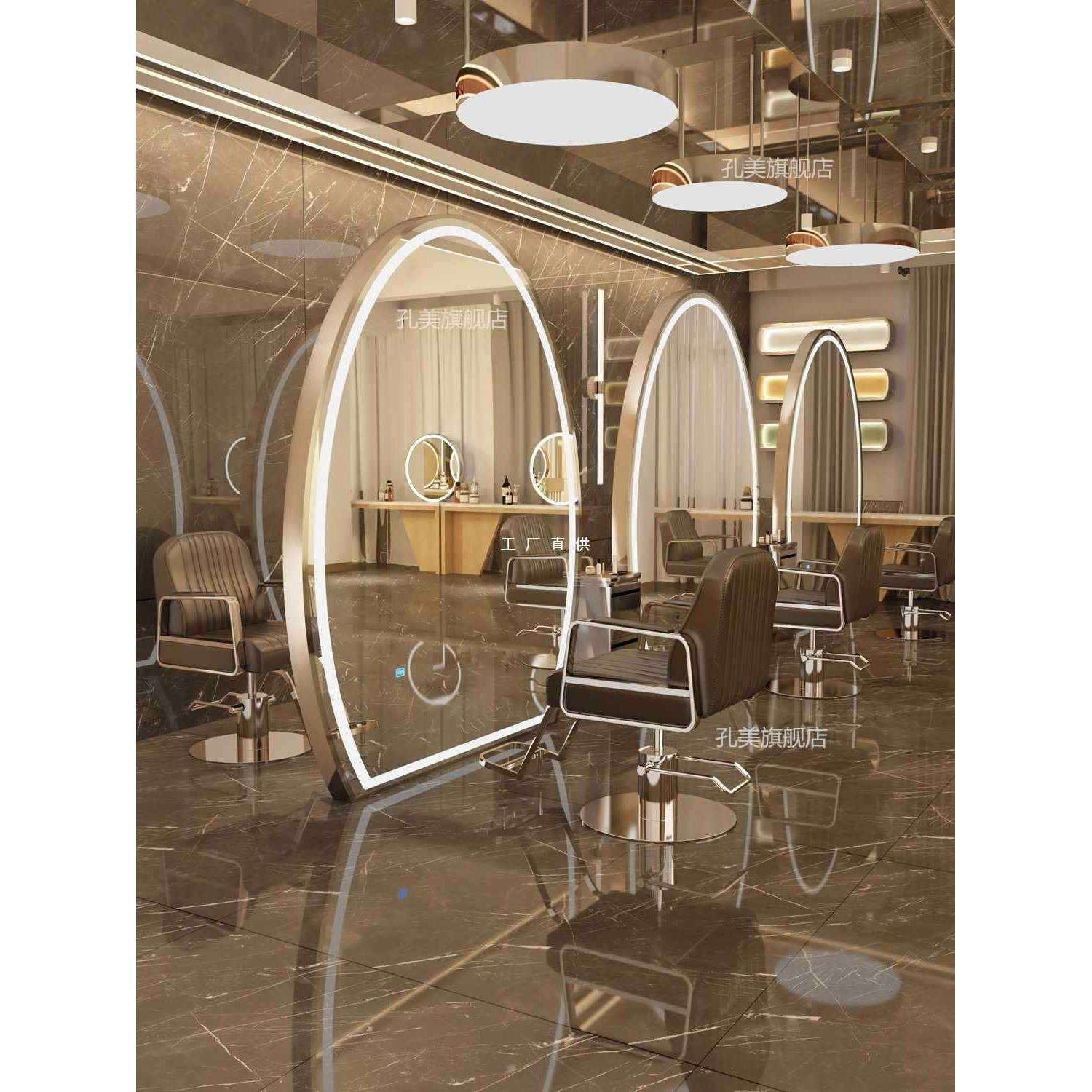 大镜理发店剪发烫染镜led灯面单双落地美88FC子发镜圆台发廊