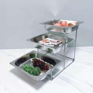 三SKJ层不锈钢托盘方带盖长形水盘子自助餐冷果餐摆台凉熟菜食展