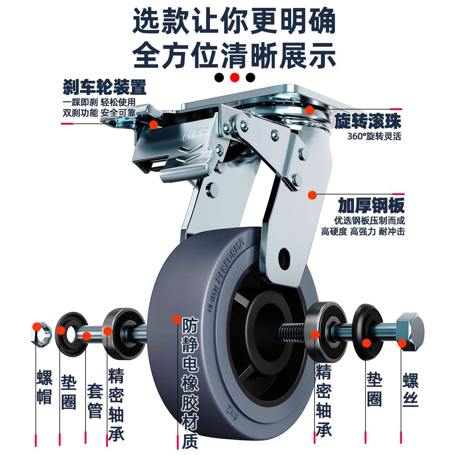 型灰色防静电寸轮4寸5寸68重轮寸TP112R橡胶静音轮导电子推车轮