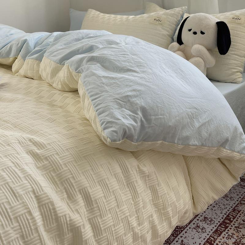 清新双层纱水洗棉床泡上四件套被泡纱套学生宿舍床单床笠三件guli