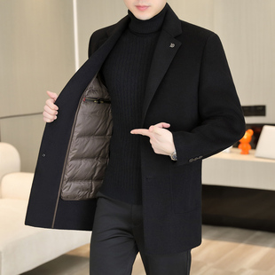 男士 羽绒内胆中长款 羊尼外套 领秋冬季 恒源祥双面羊毛呢大衣男西装