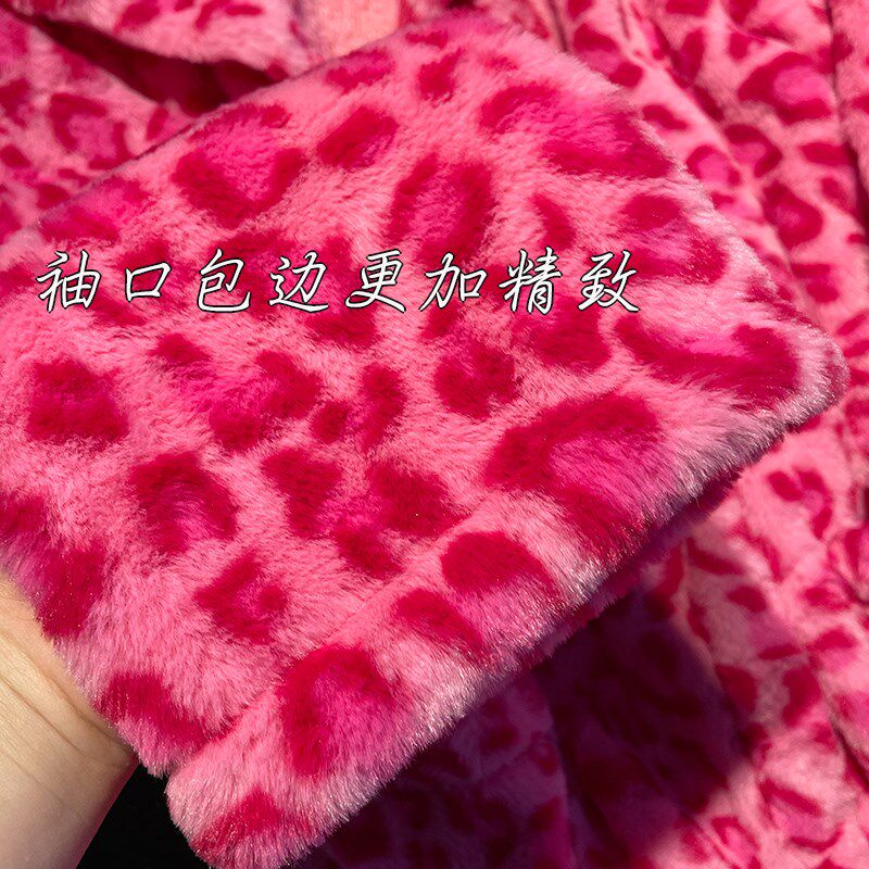 玫红色珊瑚绒连帽豹纹睡衣女秋冬加绒加厚晨袍家居服毛绒睡裤睡袍