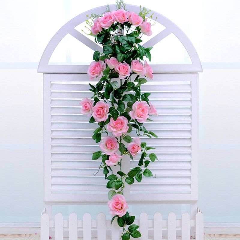 摆件墙壁装饰假花藤条壁挂仿真玫瑰塑料室内客厅挂墙吊兰吊篮花卉