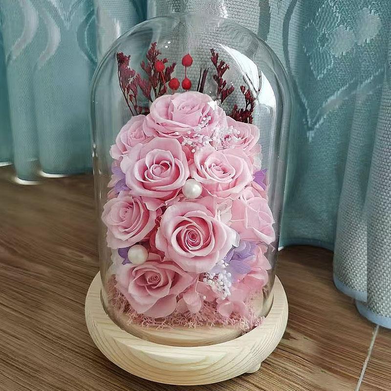 永生花摆件真花九朵礼盒玻璃罩干玫瑰送女朋友母亲节妈妈生日礼物