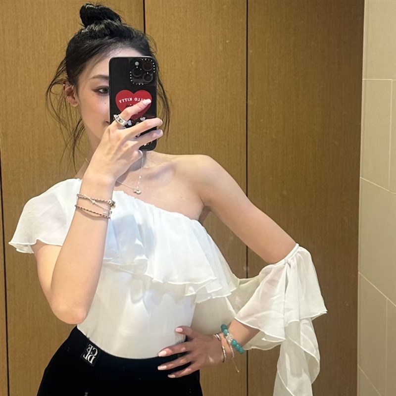 yixi舞服摩登舞服新款练功服演出服班服黑紫蓝绿斜肩荷叶边上衣女