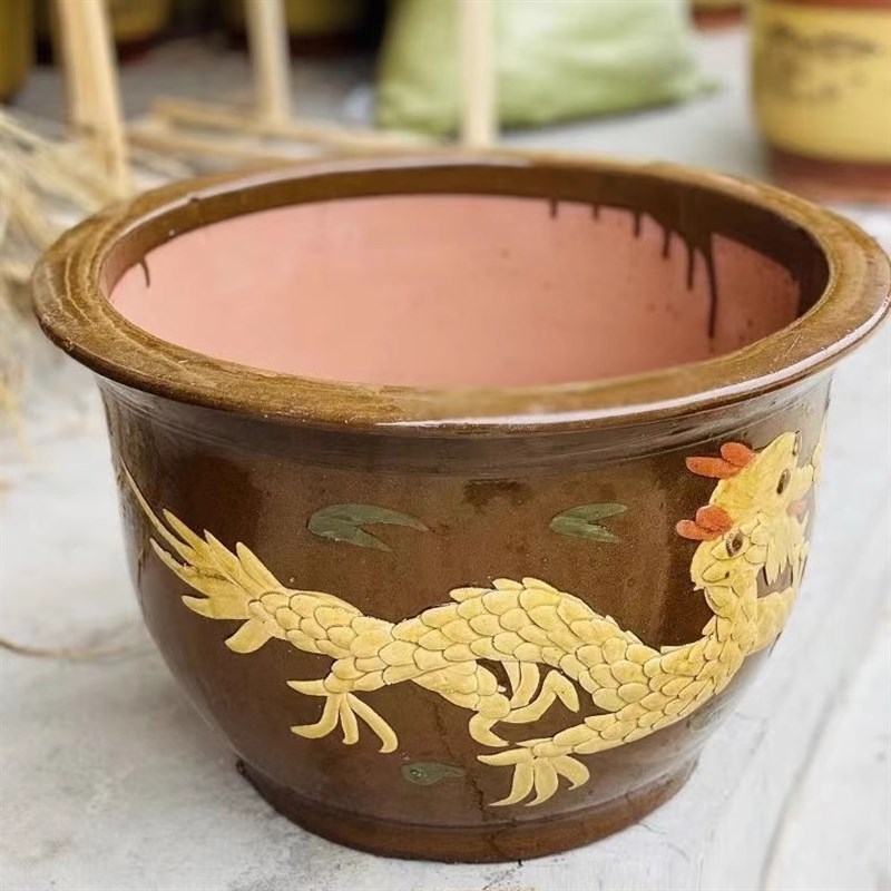 龙缸花盆粗陶均釉缸加厚特大号复古龙缸落地盆景庭院种树陶瓷花盆