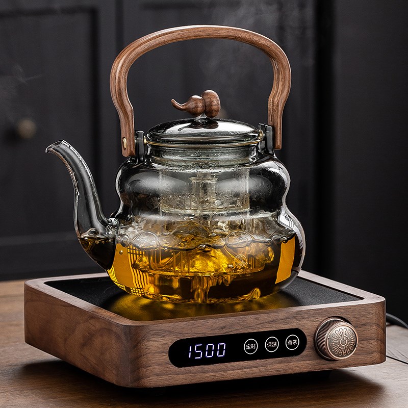 新款北美黑胡桃木电陶炉煮茶壶防爆高硼硅玻璃茶具烧水泡茶煮茶器