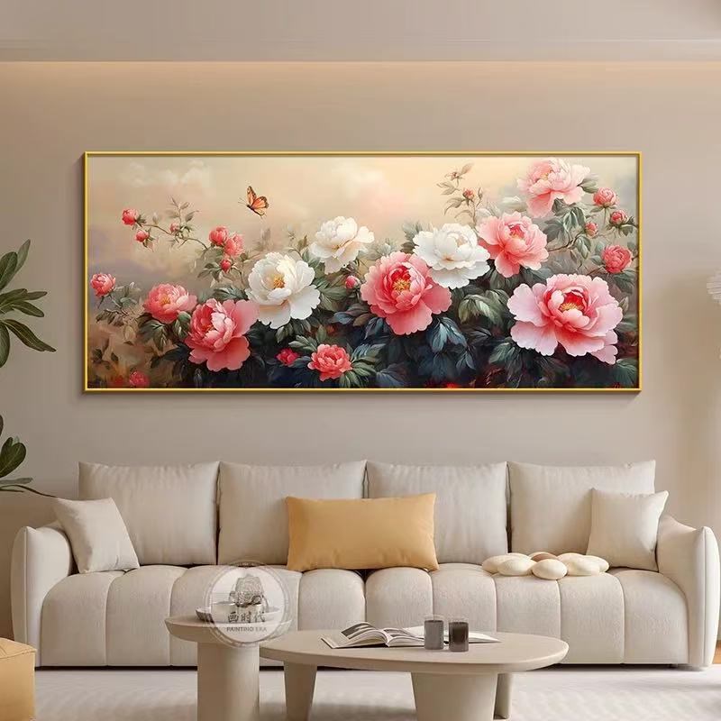 花开富贵装饰画新中式客厅大白墙挂画高级感大厅中堂画牡丹花壁画