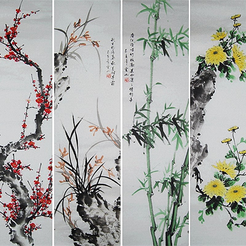 水墨梅兰竹菊纯手绘四条屏国画花鸟四君子客厅办公室背景墙装饰画