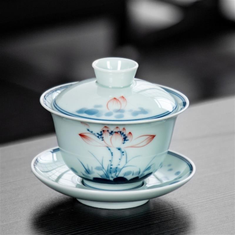 手绘青花瓷大号盖碗大容量茶碗盖子陶瓷功夫茶具茶杯三才泡茶盖碗