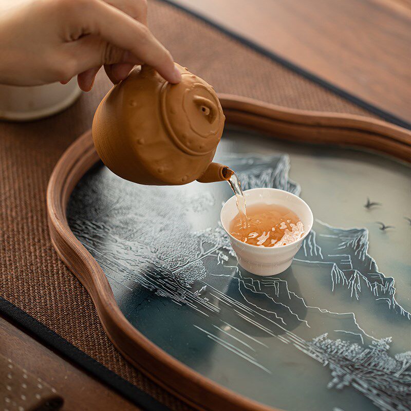 高档玻璃竹制海棠托盘干泡茶盘家用水果茶点心盘茶具收纳盘茶奉