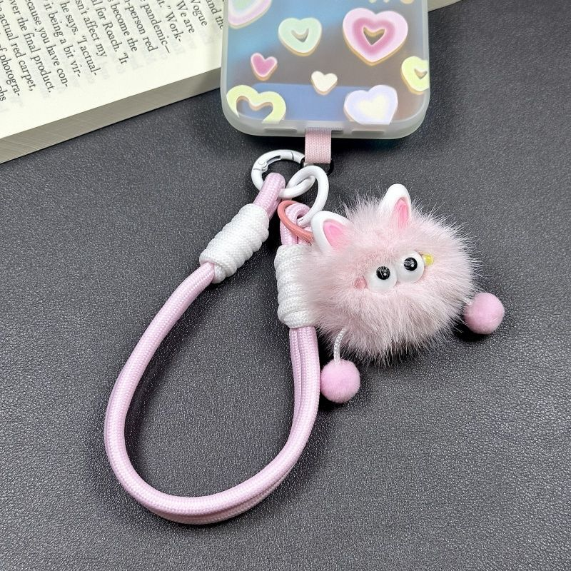 多巴胺卡通毛绒煤球瞪眼挂饰钥匙扣手绳通用手机挂件公仔挂绳挂链手机链挂手腕带垫片夹片轻奢小众精致高级感