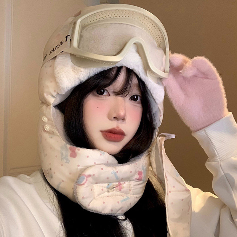 冬季可爱印花小熊雷锋帽女加绒保暖帽子骑车防风防寒滑雪护脖面罩