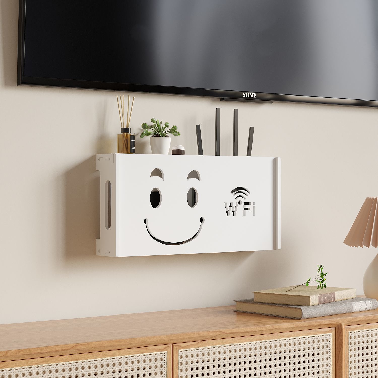 挂墙式路由器wifi收纳盒挂墙客厅电线插板机顶盒置物架壁挂免打孔