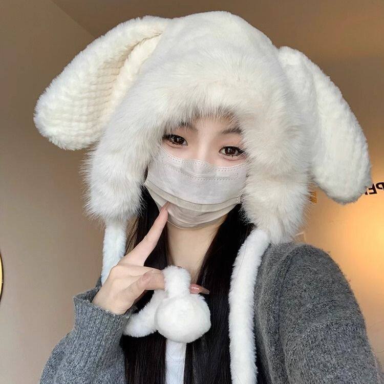 兔耳朵毛绒帽子女冬季可爱显脸小加厚护耳防风保暖针织毛线雷锋帽