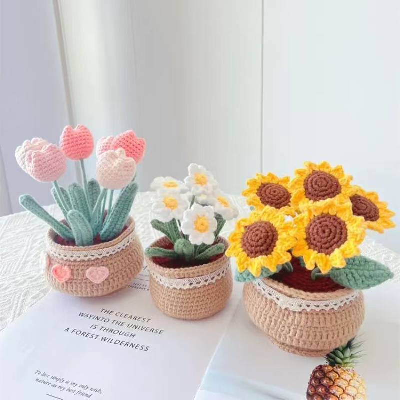 手工编织DIY郁金香小雏菊盆栽花束毛线钩织材料包自制摆件永生花
