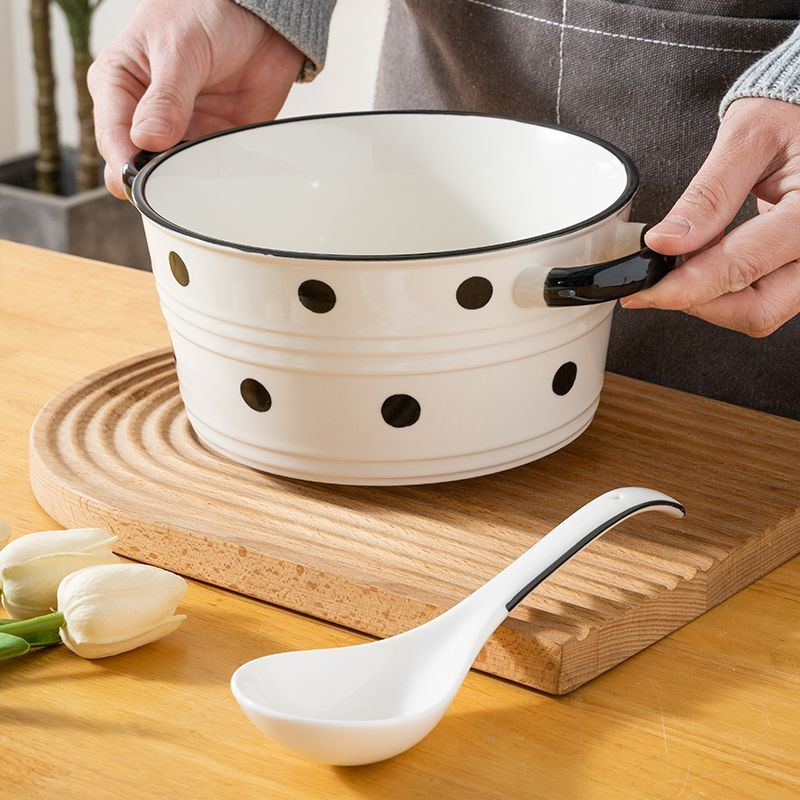 赫本风10英寸双耳大汤碗带勺陶瓷家用碗酸菜鱼碗泡面碗装汤盛汤盆