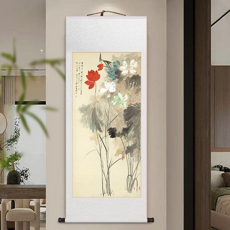 张大千水墨荷花卷轴挂画书房茶室玄关国画中式仿古花鸟客厅装饰画