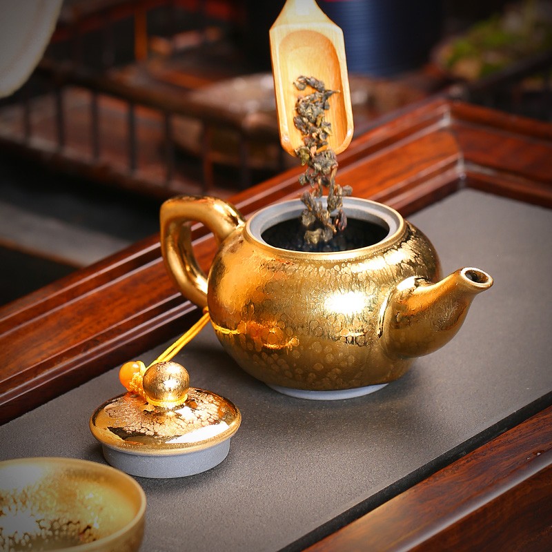 鎏金建盏茶壶功夫茶具普洱泡茶壶套装陶瓷过滤单壶大号泡茶器家用