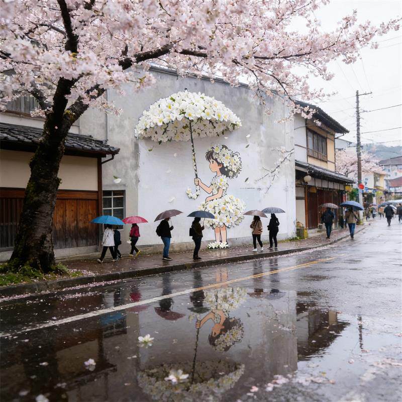 打伞小女孩仿真花墙艺装饰美陈景区古镇商业街民宿墙面打卡背景墙
