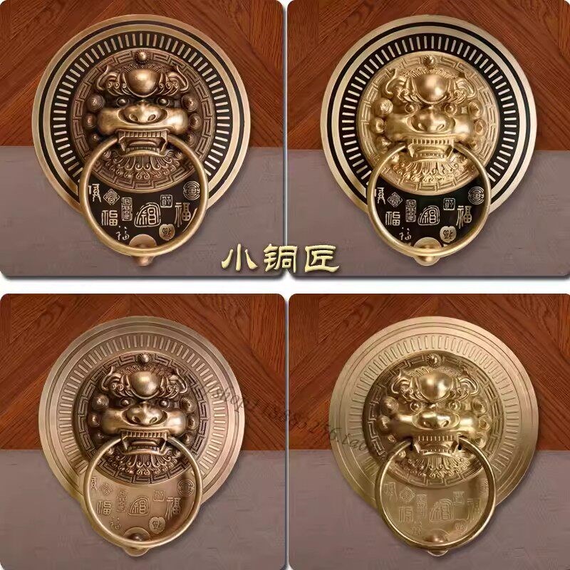 中式大门插销古纯铜锁扣复古门扣门锁庭院蝙蝠刻花如意兽头门栓