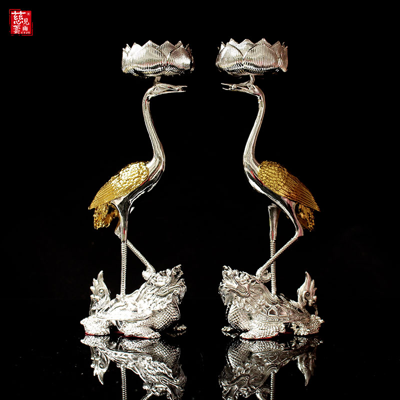 锡烛台龙龟仙鹤烛台一对烛台摆件家用灯台蜡台仙鹤踏龙龟烛台合金
