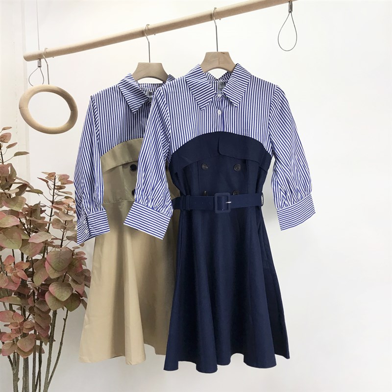 十三行女装设计感条纹衬衫拼接连衣裙秋冬新款双排扣假两件套裙子