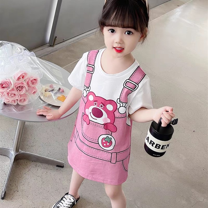 女小童草莓熊背带连衣裙2023夏季新款女宝宝假两件休闲T恤裙子潮