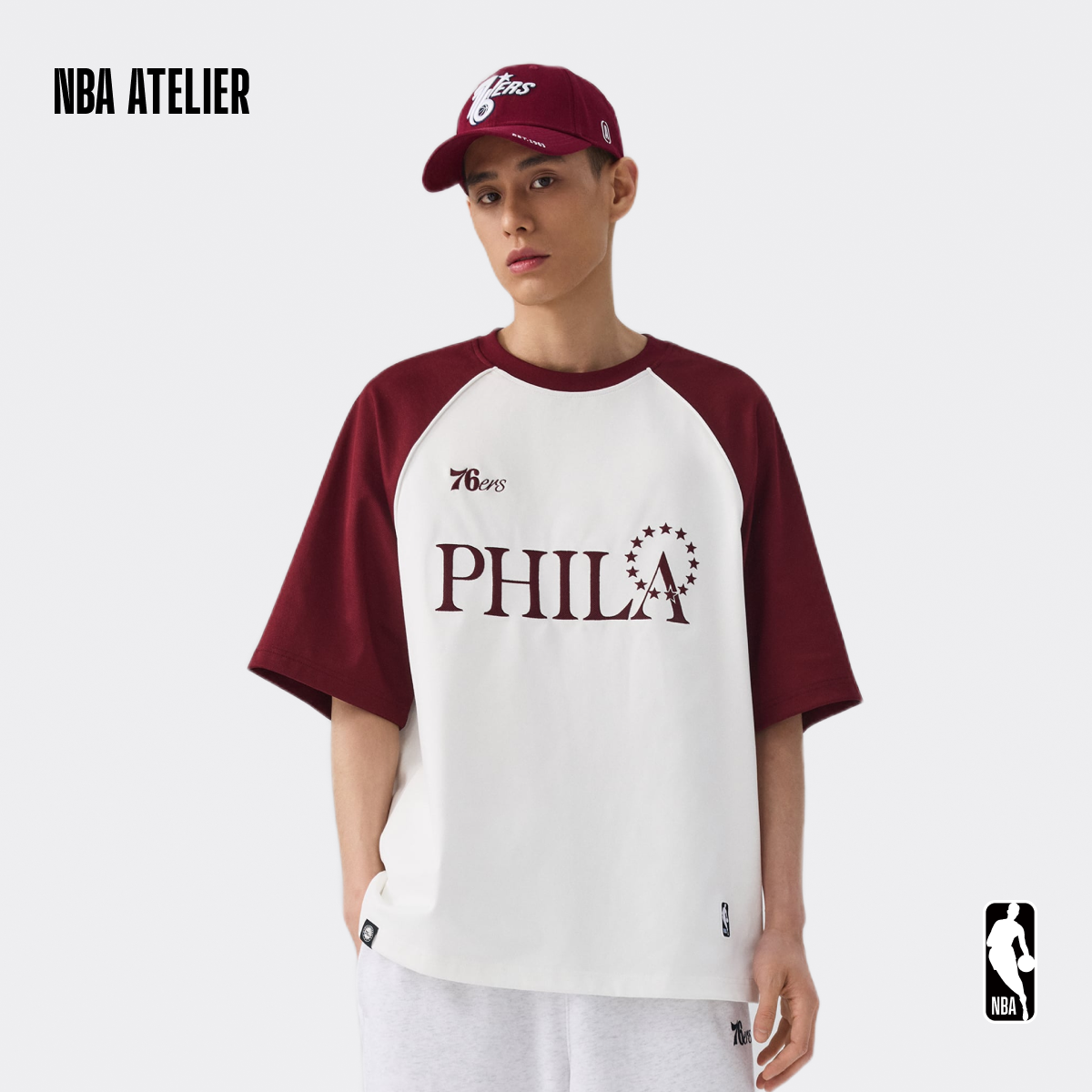 NBA ATELIER费城76人队积雪白色插肩宽松男款短袖休闲潮流百搭T恤