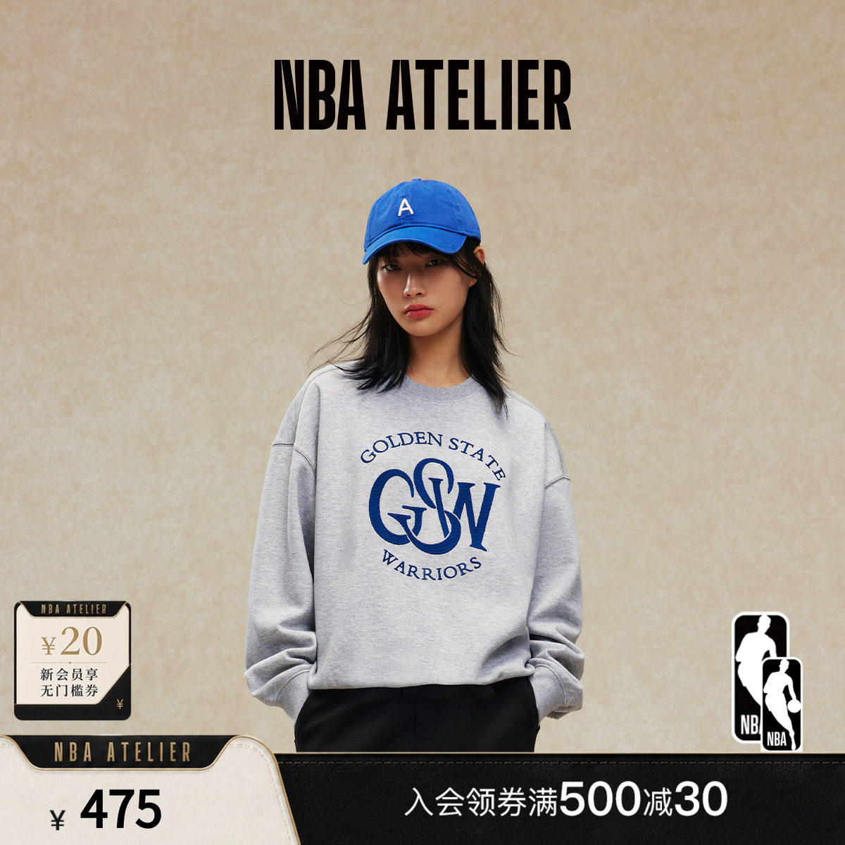 NBA ATELIER女士春季勇士队绣花工艺宽松圆领运动休闲卫衣女上衣