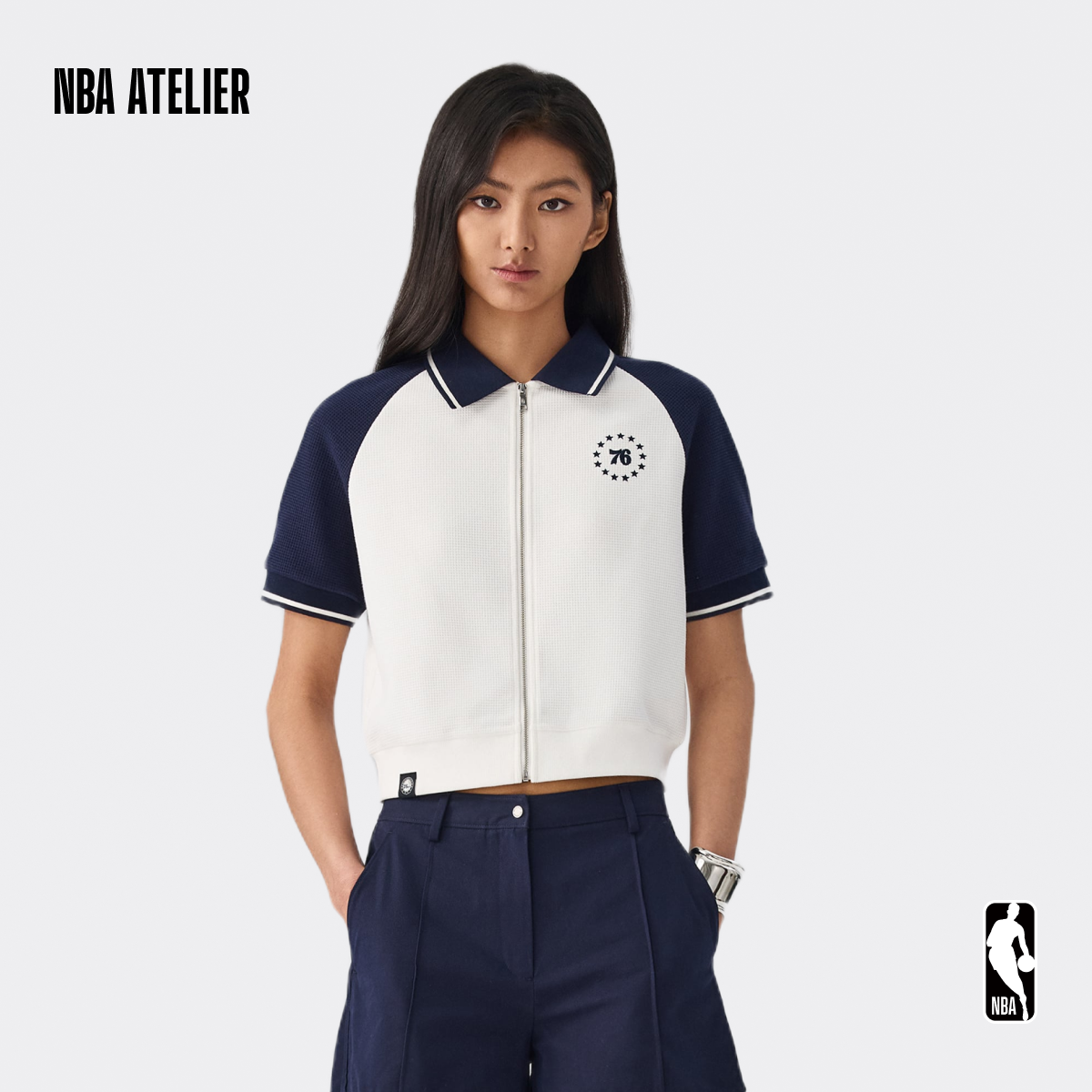 NBA ATELIER费城76人队积雪白色日常休闲女款短袖全拉链PoloT恤